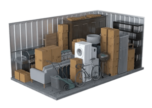 A 3D rendered image of a storage room with various items.